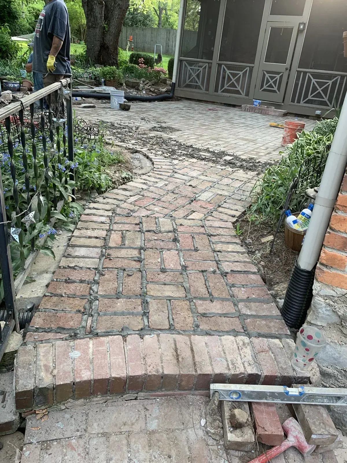 Brick patio flooring mortar work in progress